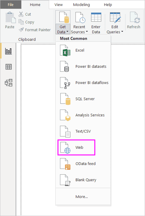 Screenshot of the Get Data ribbon in Power BI Desktop, showing the Web selection.